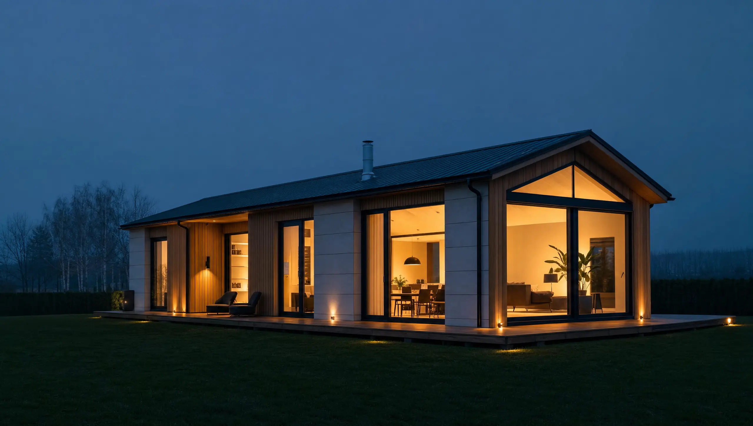 Сглобяема къща Flexi Home привечер — топла светлина от прозорците